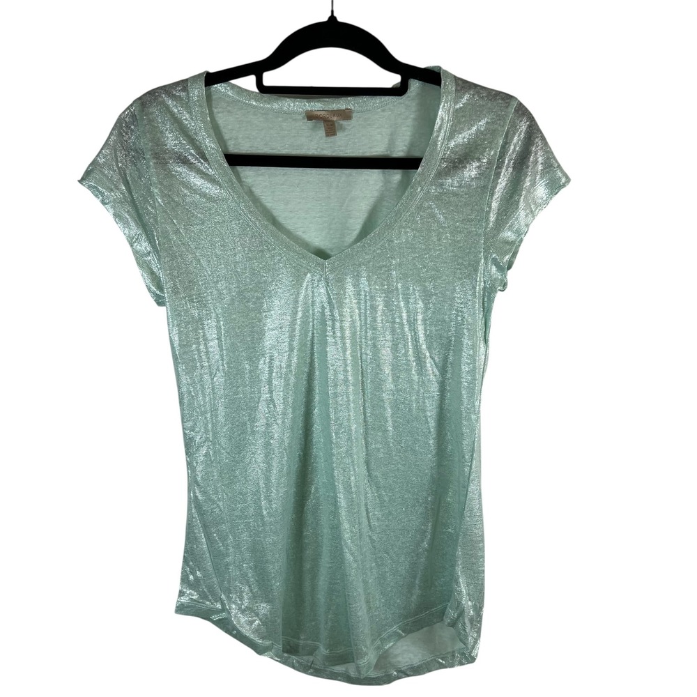 Bordeaux‎ Metallic 100% Linen V-Neck T-Shirt Green Silver Foil Knit Top Medium